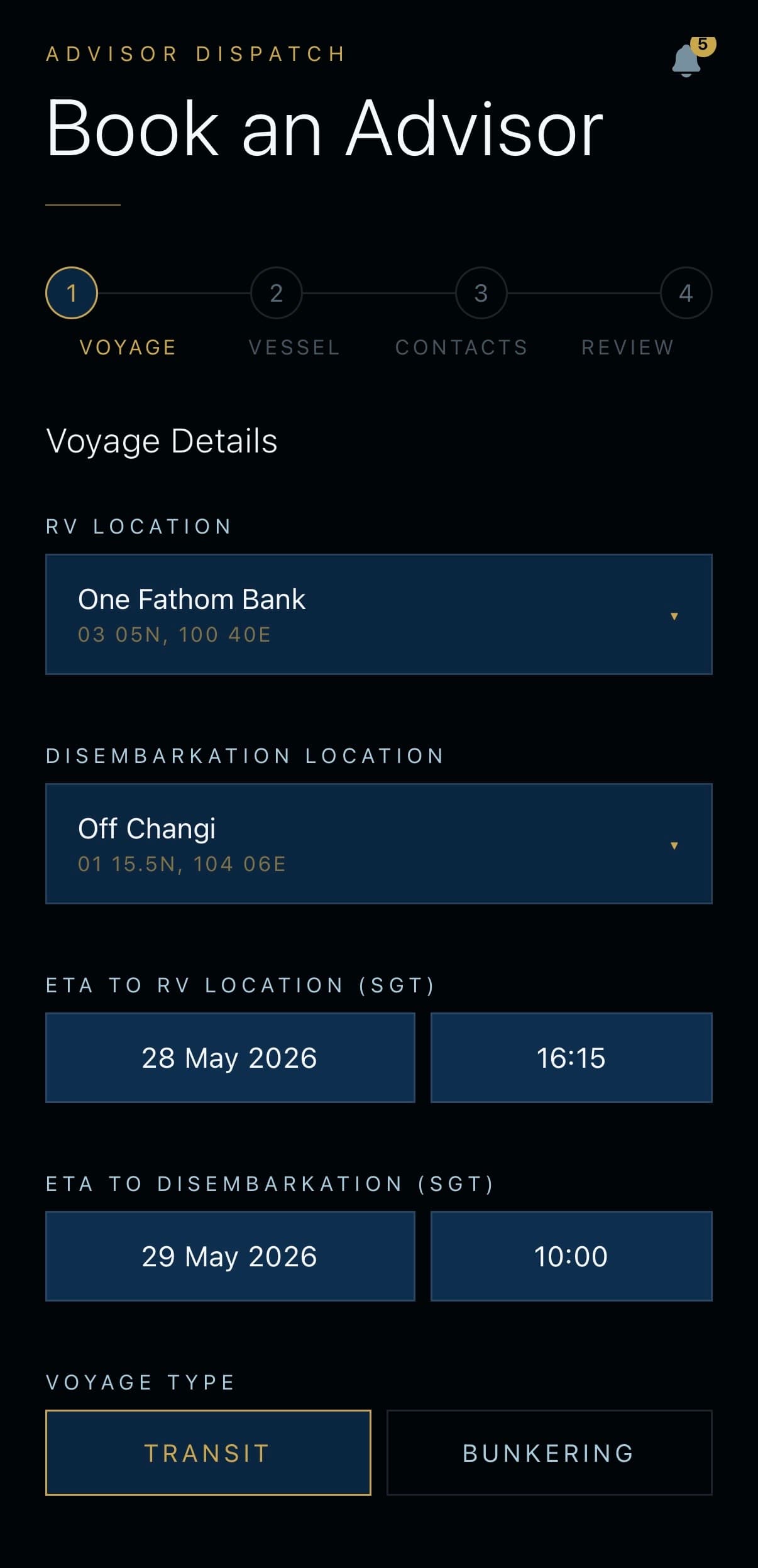 Sayfe app booking details — enter vessel transit route and rendezvous location